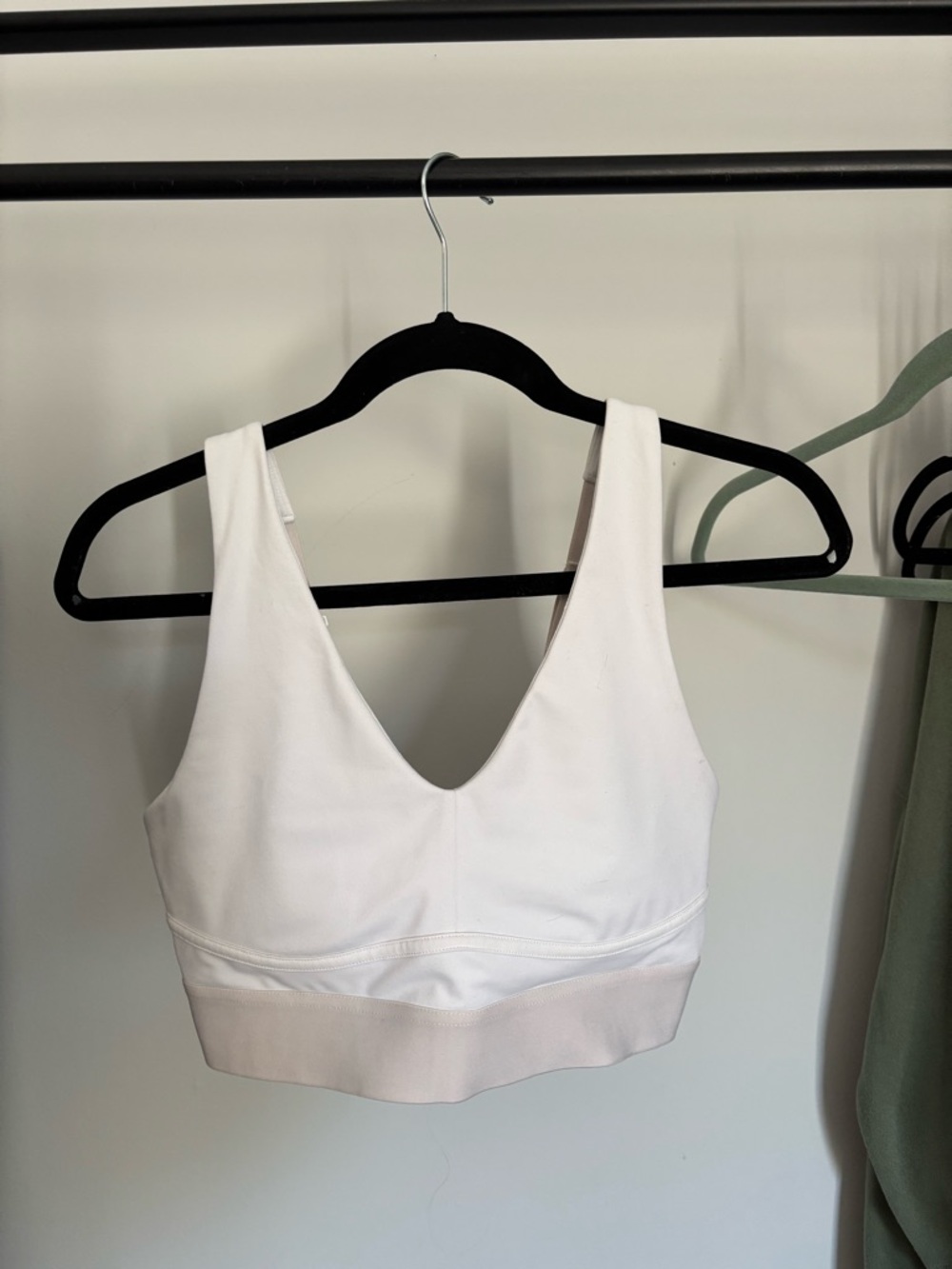 Fabletics White V-Neck Sports Bra with Light Beige Band - Picture 2 of 5